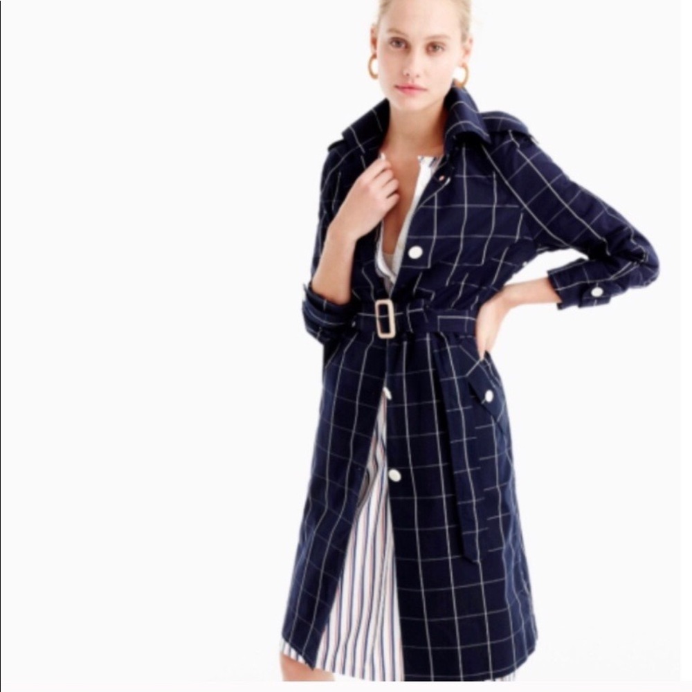 J Crew Navy Blue Windowpane Trench Sz 4 jacket